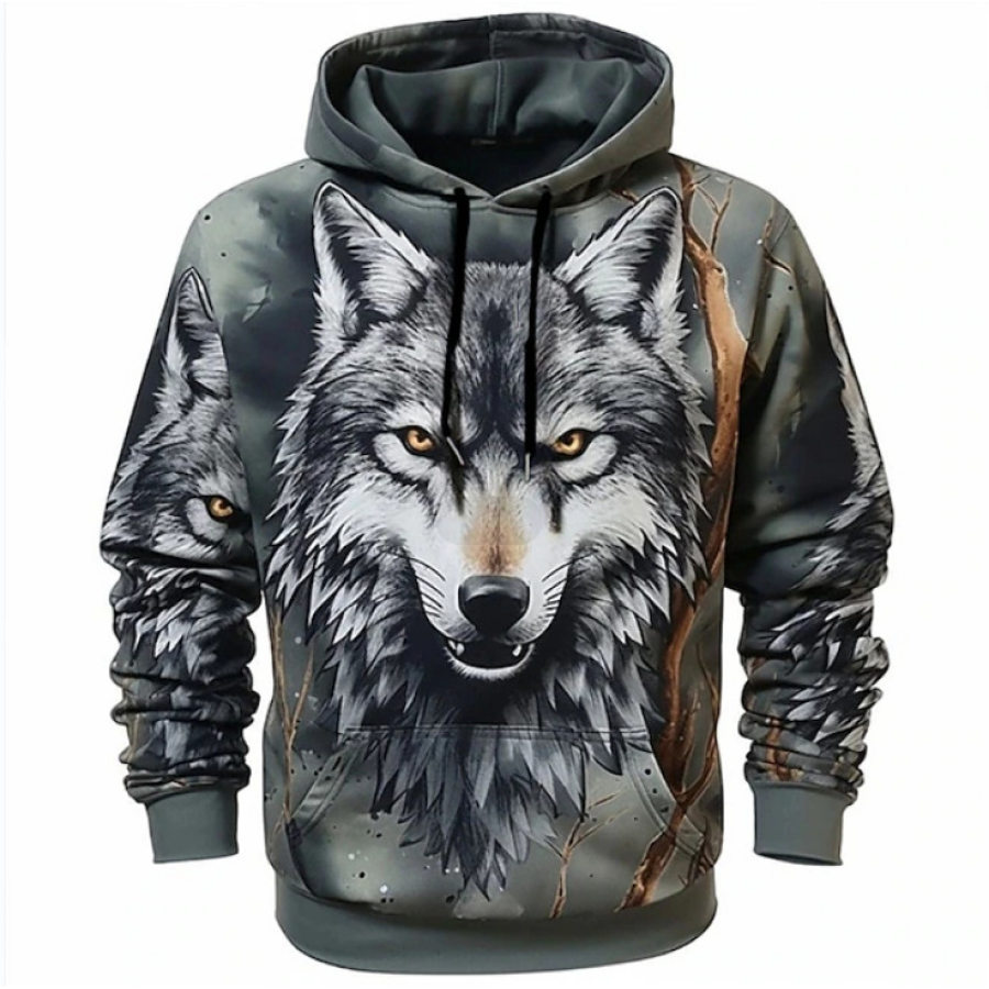 

Herren Outdoor-Sweatshirt Mit 3D-Wolf-Print Und Kapuzentasche