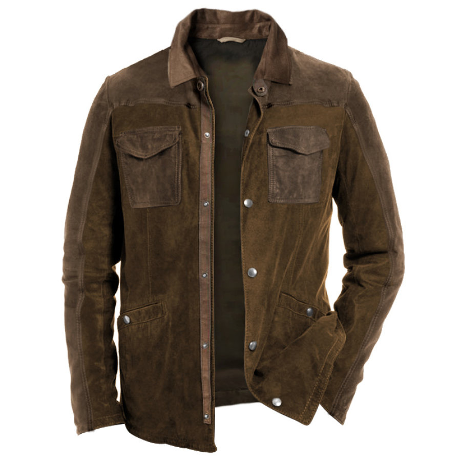 

Herren-Retro-Wildleder-Arbeitshemdjacke Outdoor-Casual-Patchwork-Oberbekleidung