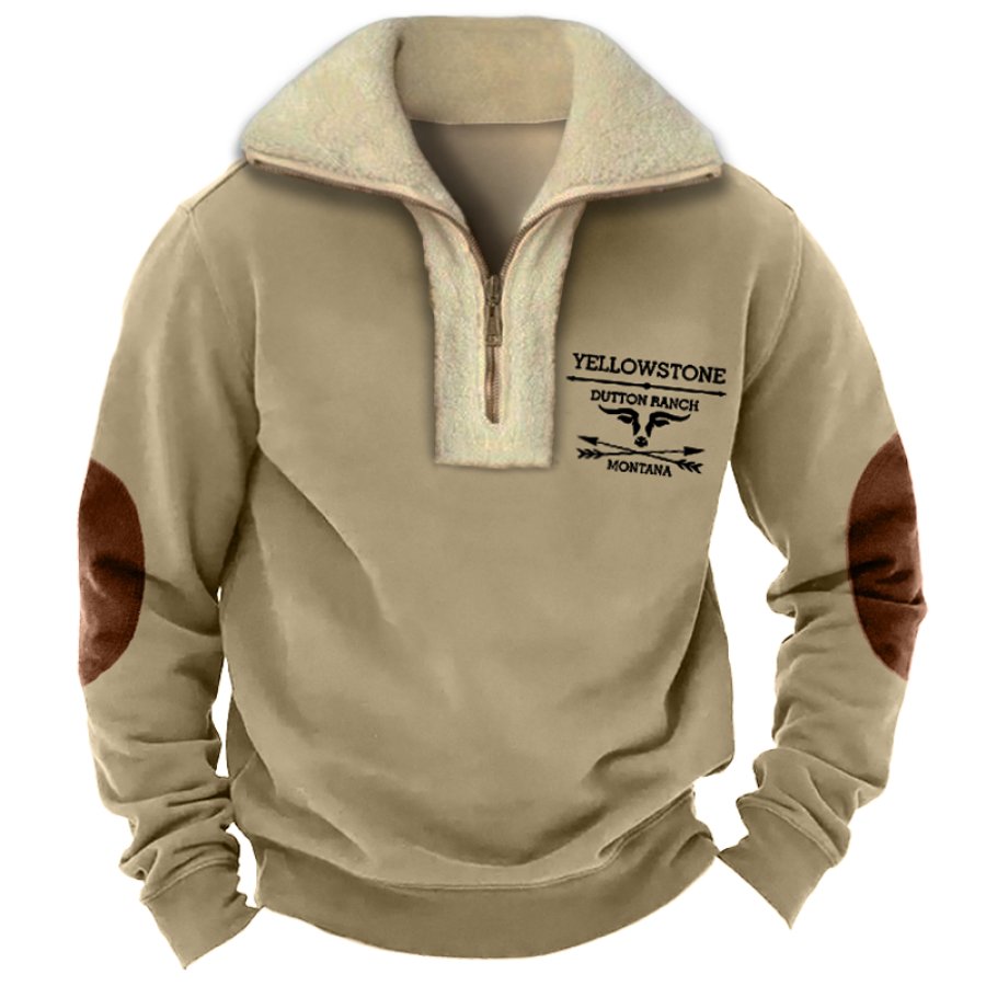 

Herren-Sweatshirt Mit 1/4-Reißverschluss Und Vintage-Fleece-Ellenbogen-Patch Im Yellowstone-Print