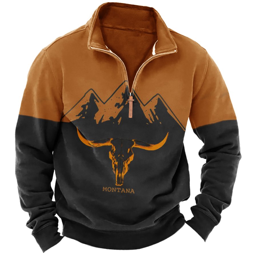 

Men's Vintage Yellowstone Cow Head Color Block Print Zipper Neck Sweatshirt