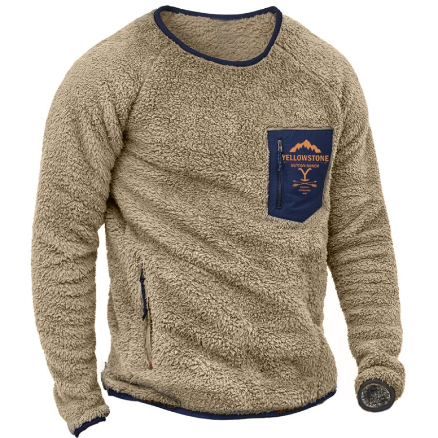 

Herren-Sweatshirt Aus Vintage-Fleece Mit Yellowstone-Print Farbblock Und Reißverschlusstasche