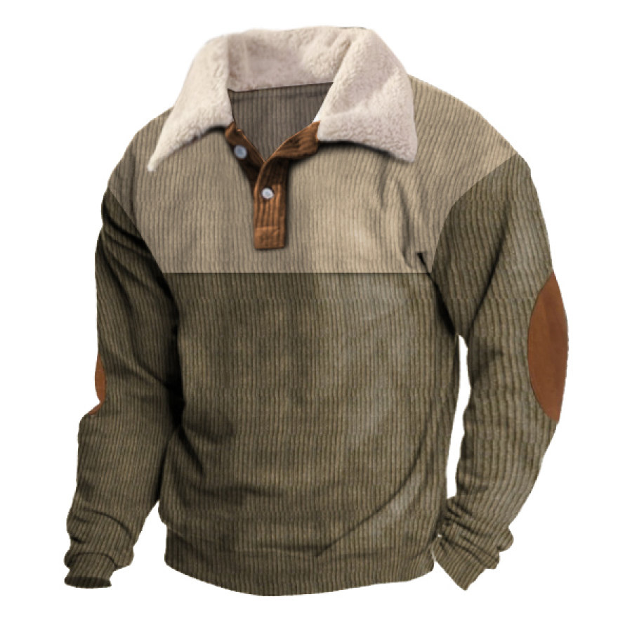 

Men's Sweatshirt Vintage Corduroy Lapel Plush Color Block Elbow Patches Long Sleeve Outdoor Daily Tops