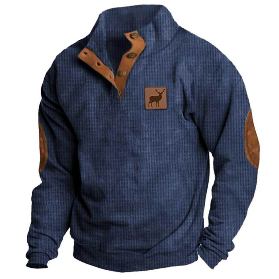 

Herren Vintage Deer Waffel Knopf Stehkragen Ellenbogen Patch Daily Tops Sweatshirt