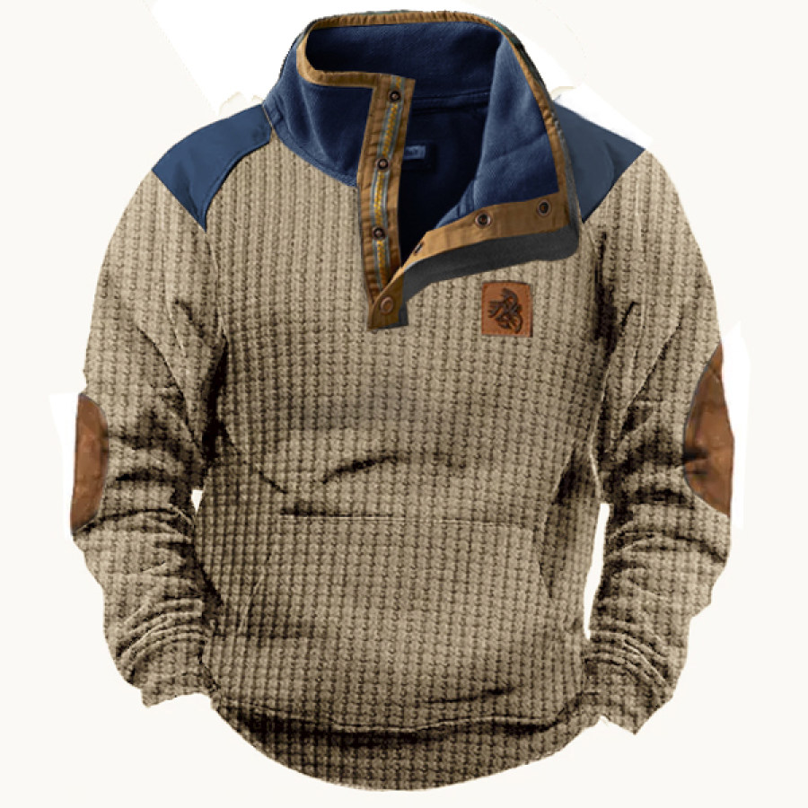 

Men's Deer Henley Sweatshirt Outdoor Waffle Fabric Elbow Patches Casual Pullover