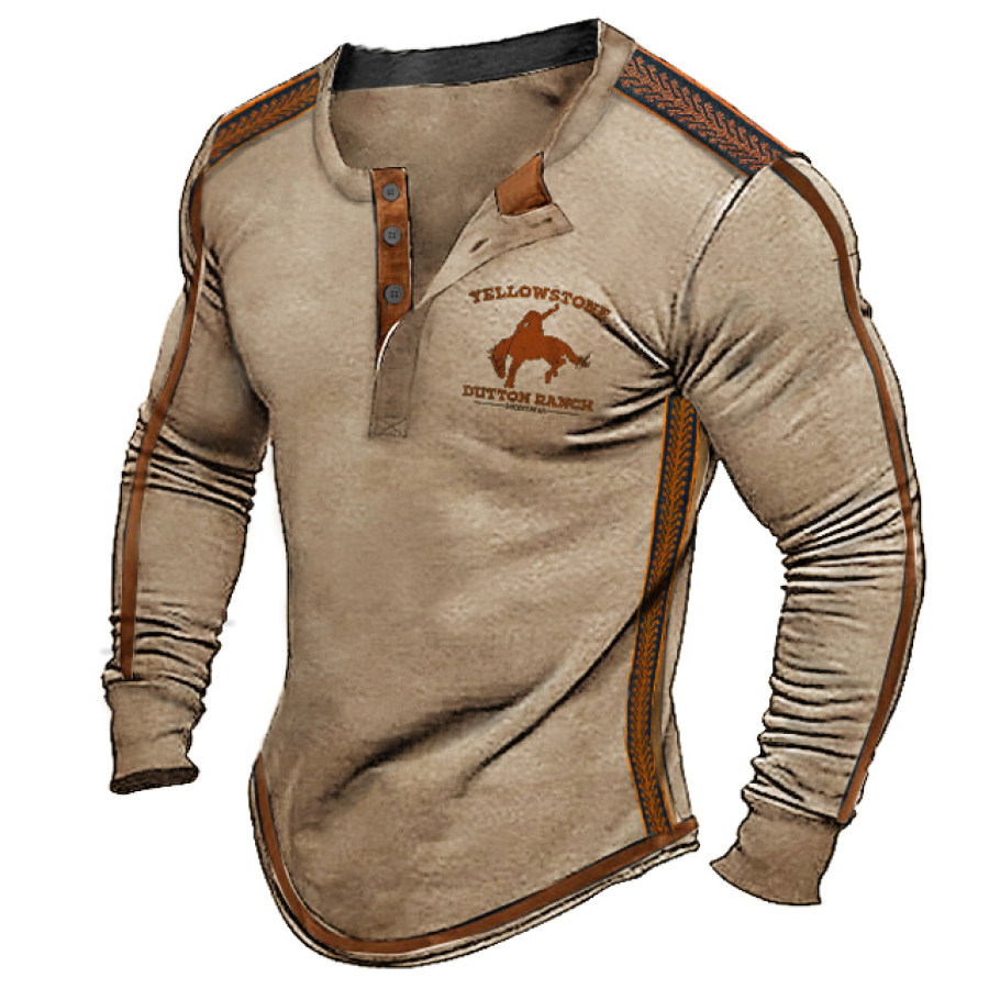 

Herren Vintage Western Yellowstone Henley Stehkragen T-Shirt
