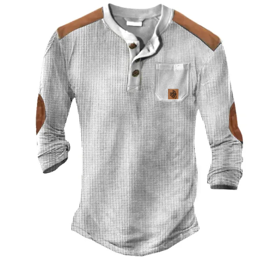 

Men's Henley T-Shirt Deer Outdoor Color Contrast Waffle Long Sleeve Top