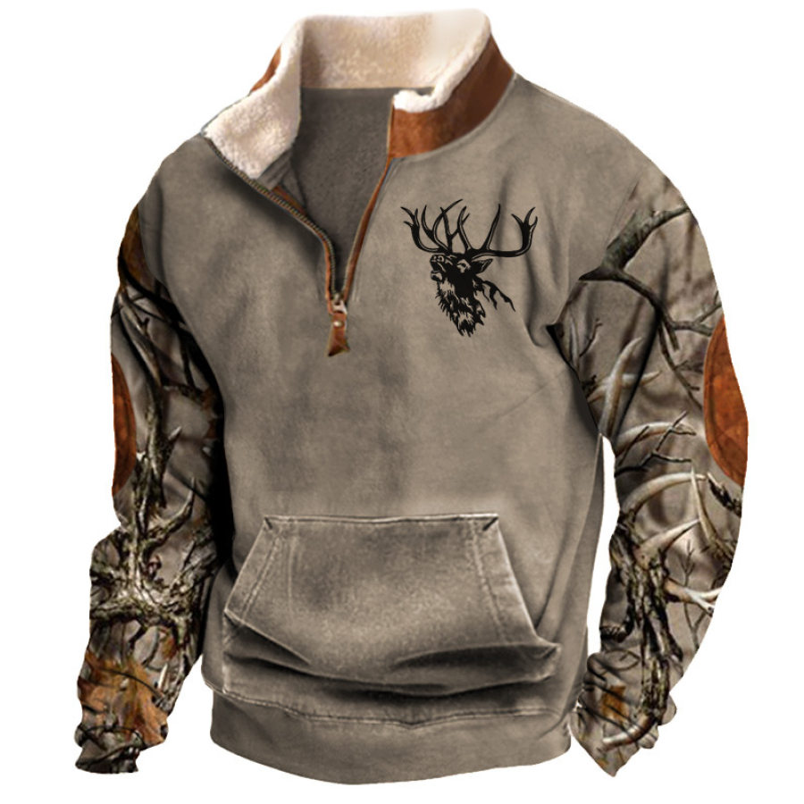 

Herren-Sweatshirt Mit Retro-Fleece-Farbblock Jagd-Elch-Aufdruck Outdoor Lässig Tasche Halboffener Kragen Pullover