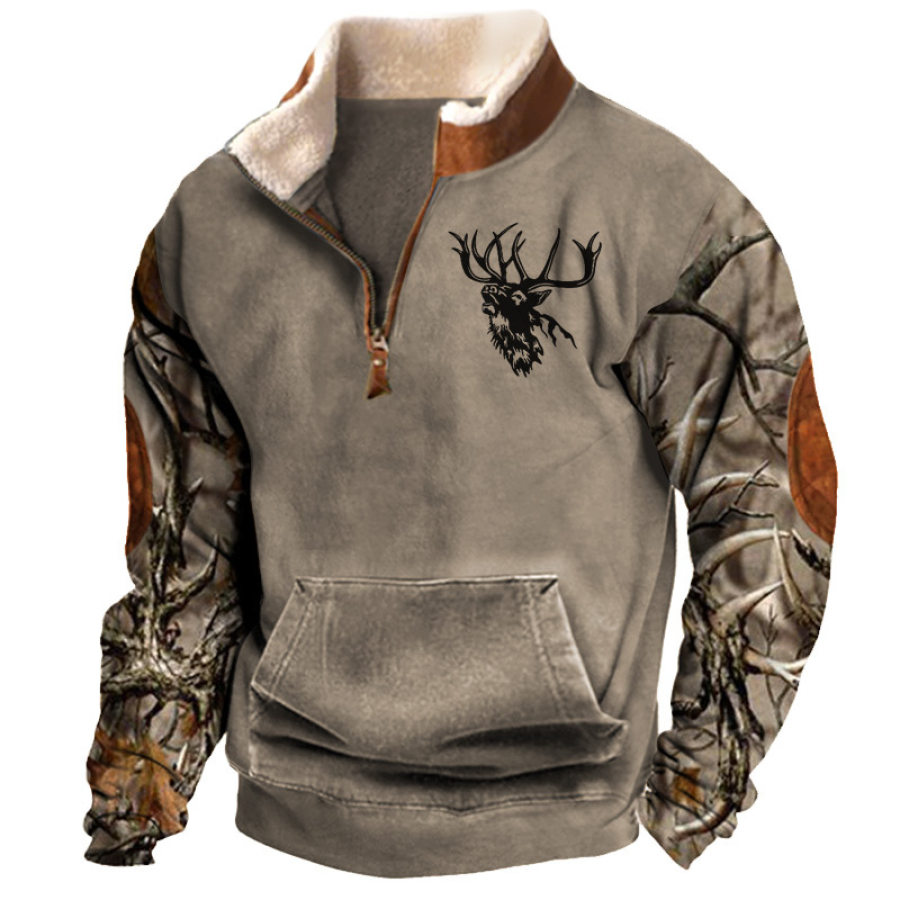 

Sweat-shirt Rétro En Polaire Pour Hommes Imprimé Colorblock Chasse élan Extérieur Décontracté Poche Col Demi-ouvert Pull