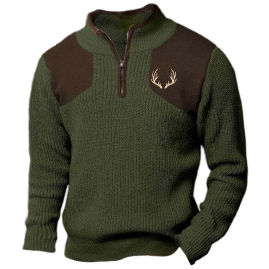 

Мужской вязаный свитшот винтажный охотничий лось уличный тактический пуловер с воротником-стойкой на молнии 1/4 пуловер с цветными блоками