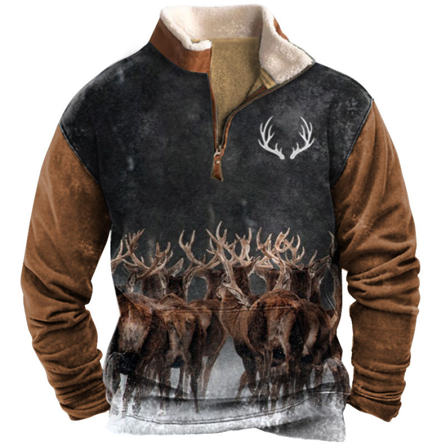 

Sweat-shirt Rétro En Polaire Pour Hommes Imprimé Colorblock Chasse élan Extérieur Décontracté Poche Col Demi-ouvert Pull