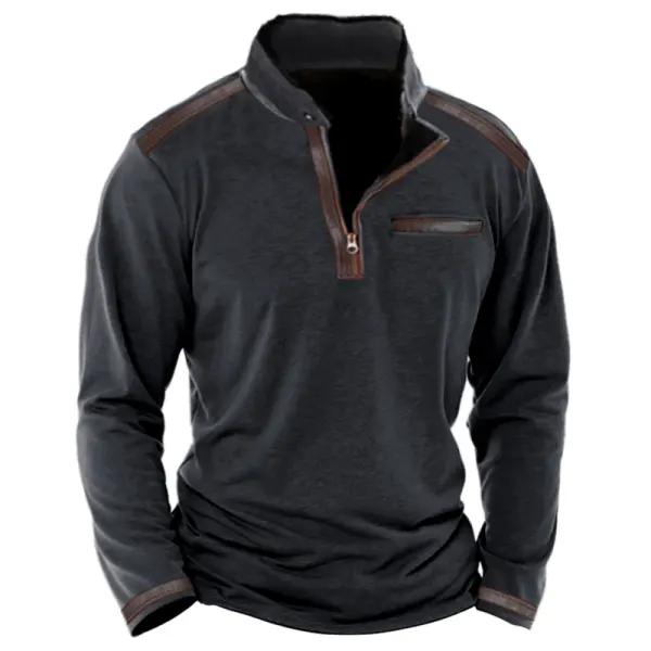 Men's Stand Collar 1/4 Zip Vintage Contrast Color Leather Web Long Sleeve T-Shirt 