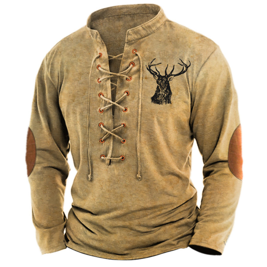 

T-Shirt à Col Montant Pour Hommes Rétro Imprimé élan De Chasse à Lacets Décontracté Bloc De Couleurs Pull à Manches Longues