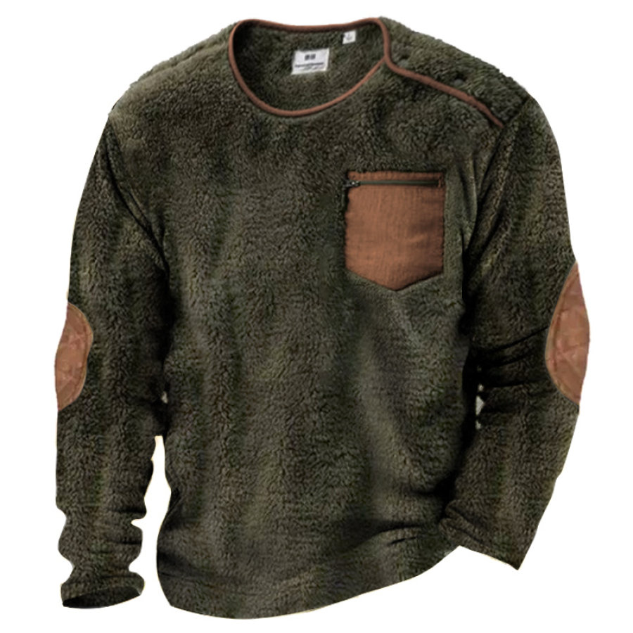 

Sweat-shirt Vintage Sherpa Color Block Avec Poche Zippée Pour Homme Pull Tactique Chaud Et Décontracté Pour L'extérieur