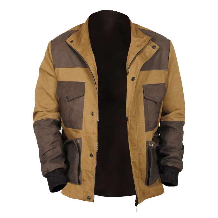 

Мужская куртка винтажная уличная с цветными блоками и несколькими карманами и воротником-стойкой пальто