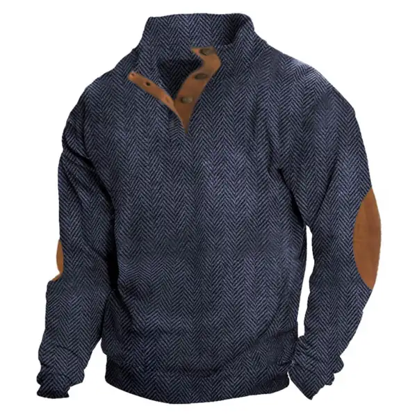 Men's Vintage Herringbone Button Stand Collar Elbow Patch Daily Tops Sweatshirt - Cotosen.com