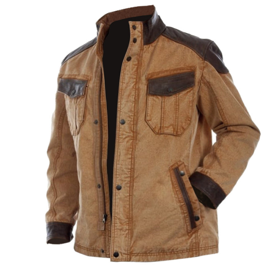 

Chaqueta De Hombre Vintage De Cuero Patchwork Al Aire Libre Bloque De Color Bolsillo Cuello Alto Motocicleta Abrigo