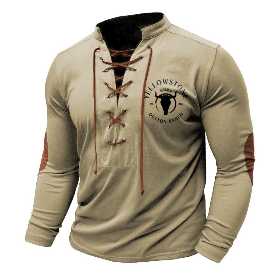 

Camiseta Para Hombre Vintage Yellowstone Dutton Ranch 1886 Parche En El Codo Manga Larga Con Cordones Cuello Alto Tops Diarios Al Aire Libre