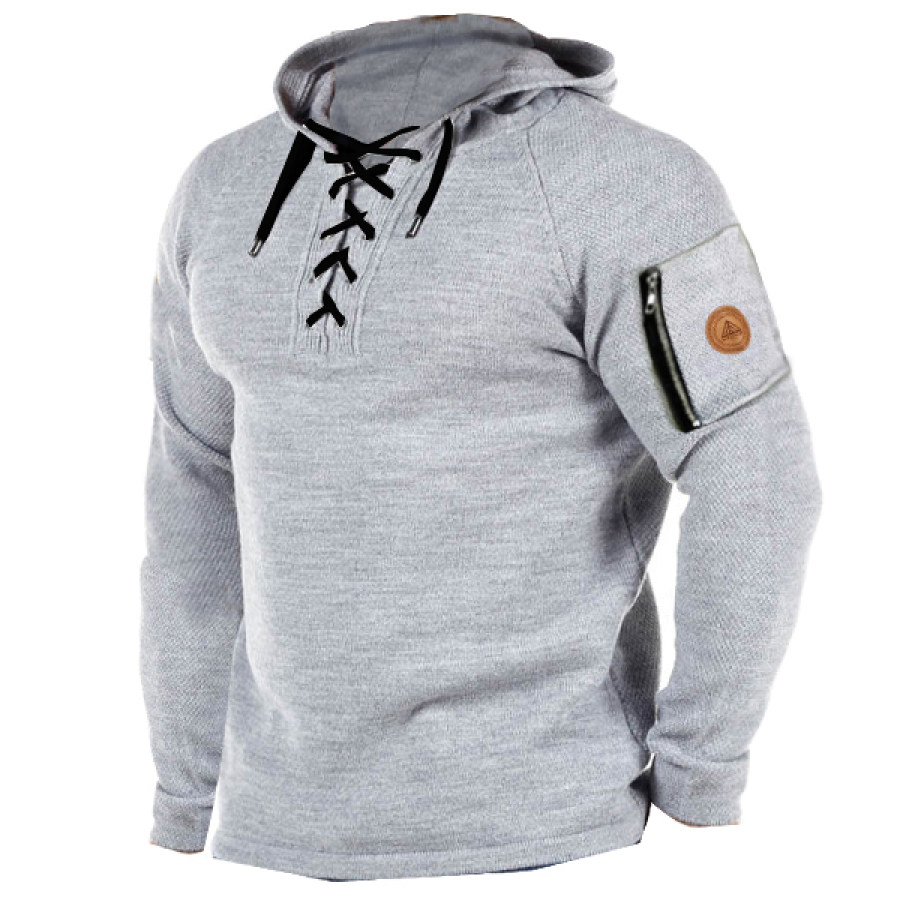 

Men's Lace Up Hooded Knit Sweatshirt Outdoor Zip Pocket Tactical Warm Athletic Base Layer