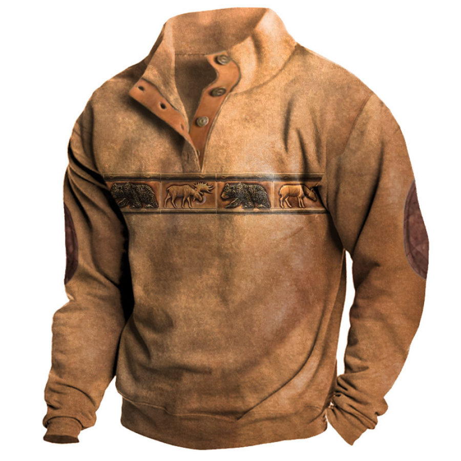 

Herren-Sweatshirt Mit Retro-Farbblock-Jagd-Elch-Aufdruck Outdoor-Pullover Mit Halboffenem Kragen