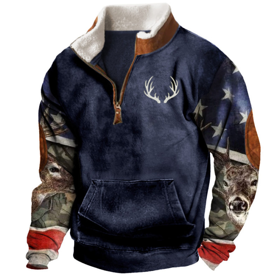 

Herren-Sweatshirt Mit Retro-Fleece-Farbblock Amerikanische Flagge Jagd Elch-Aufdruck Outdoor-Pullover Mit Halboffenem Kragen