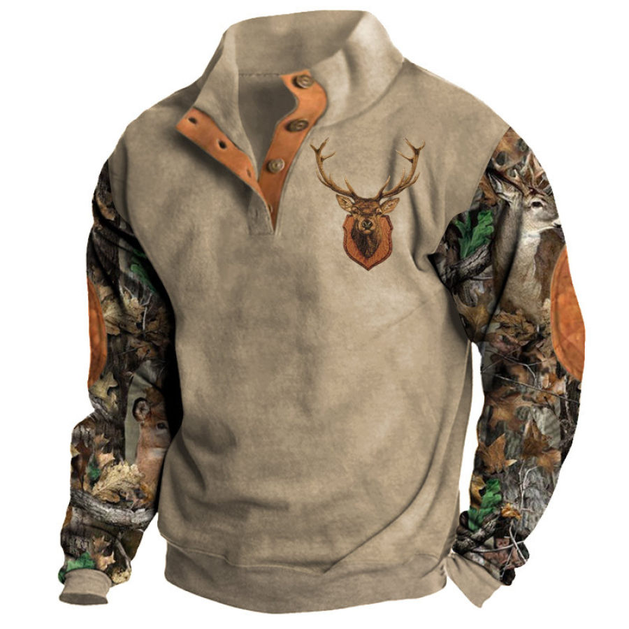 

Herren-Sweatshirt Mit Retro-Farbblock-Jagd-Elch-Aufdruck Outdoor-Pullover Mit Halboffenem Kragen