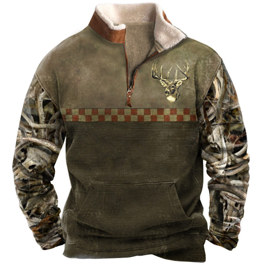 

Sweat-shirt Rétro En Polaire Pour Hommes Bloc De Couleurs Imprimé élan De Chasse Pull D'extérieur à Col Mi-ouvert