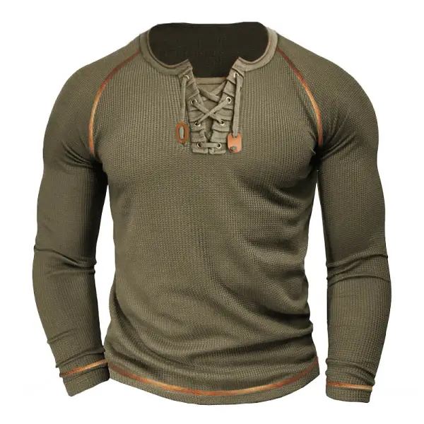 Men's T-Shirt Lace-Up Vintage Waffle Long Sleeve Outdoor Daily Tops - Cotosen.com