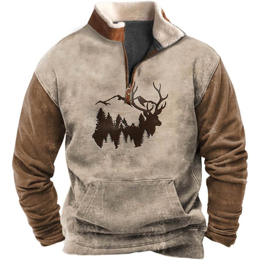 

Men's Sweatshirt Quarter Zip Deer Hunting Plush Collar Vintage Daily Tops