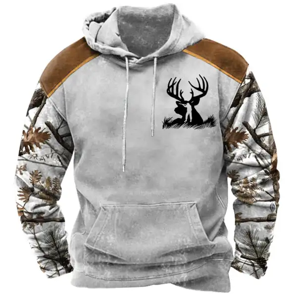 Men's Hoodie Vintage Hunting Deer Woods Print Pocket Long Sleeve Daily Tops - Cotosen.com