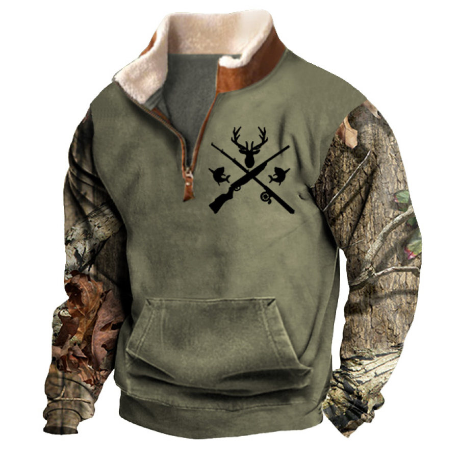 

Herren-Sweatshirt Viertelreißverschluss Hirsch Jagd Angeln Wald Plüschkragen Vintage Alltagsoberteile