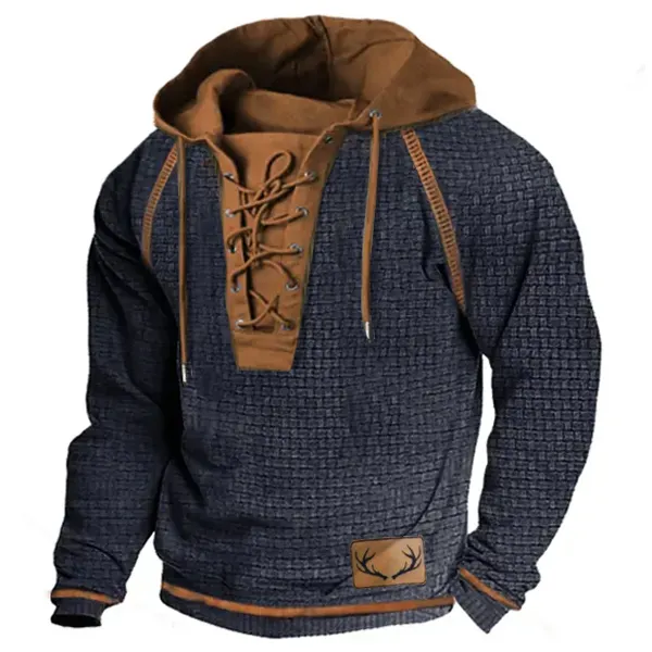 Men's Deer Outdoor Casual Waffle Drawstring Hoodie Sweatshirt Long Sleeve Vintage Contrast Tactical Pullover - Cotosen.com
