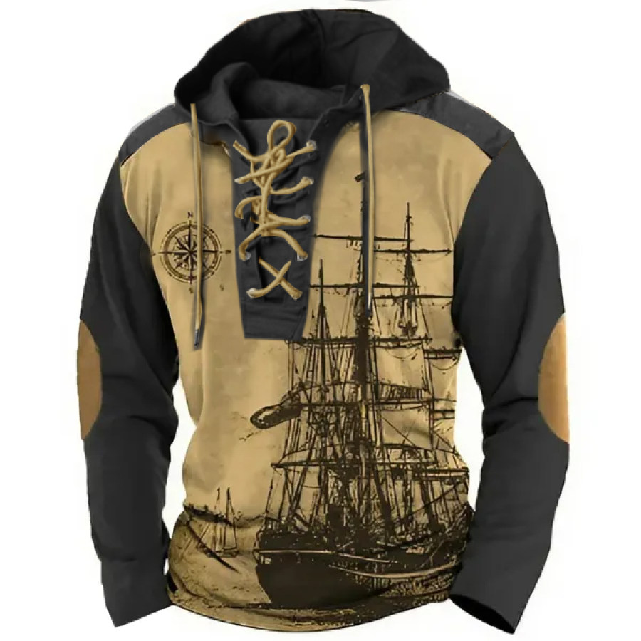 

Herren Retro Nautical Sailing Compass Print Reißverschluss Stehkragen Kordelzug Kapuzenpullover Weihnachten Urlaub Tops Khaki