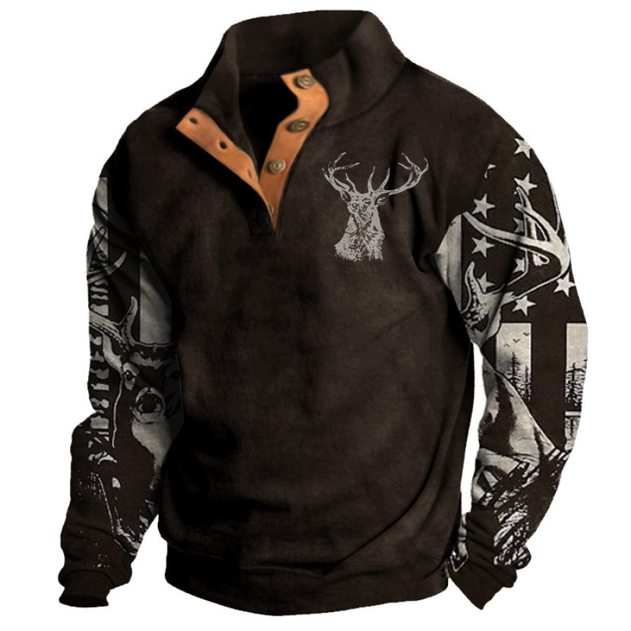 

Sudadera Con Cuello Dividido Y Bloques De Color Con Estampado De Alces De Caza De Bandera Americana Al Aire Libre Para Hombre