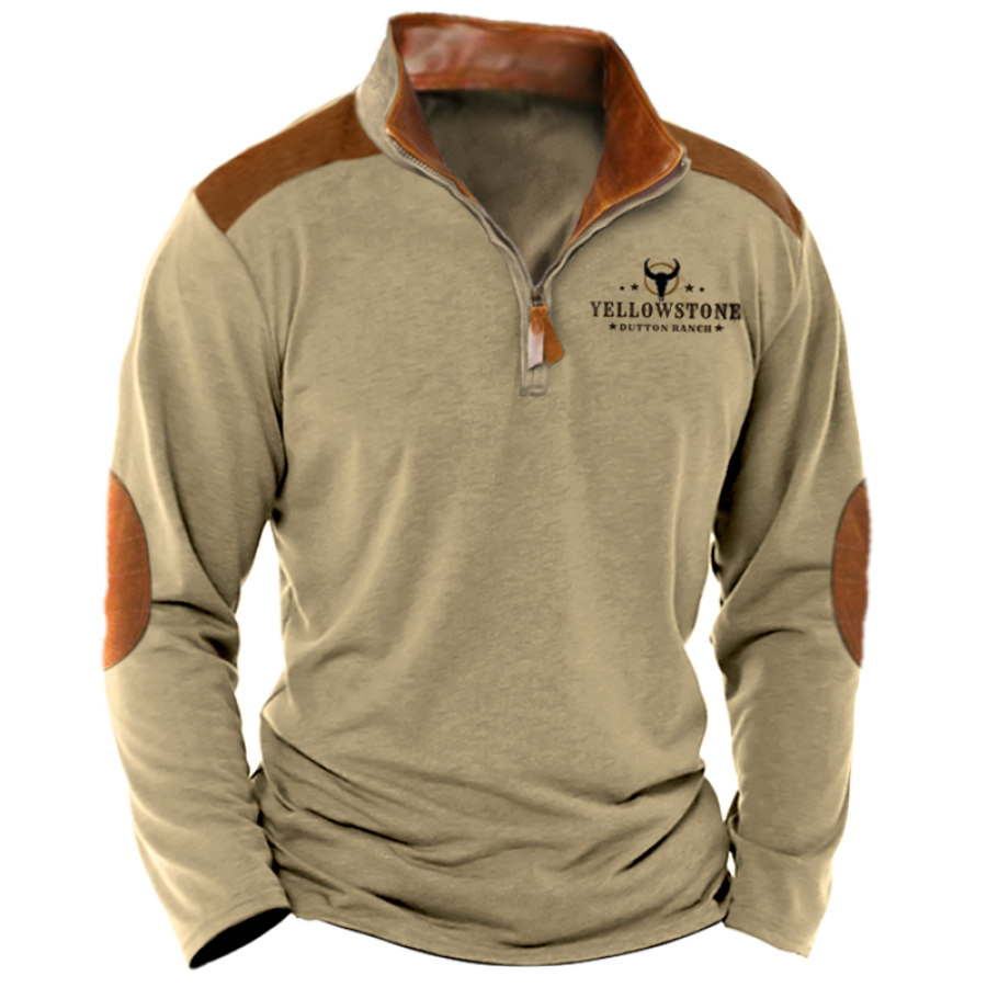 

Мужская винтажная Йеллоустонская кожаная футболка с цветными блоками на молнии 1/4 уличный повседневный пуловер с длинными рукавами