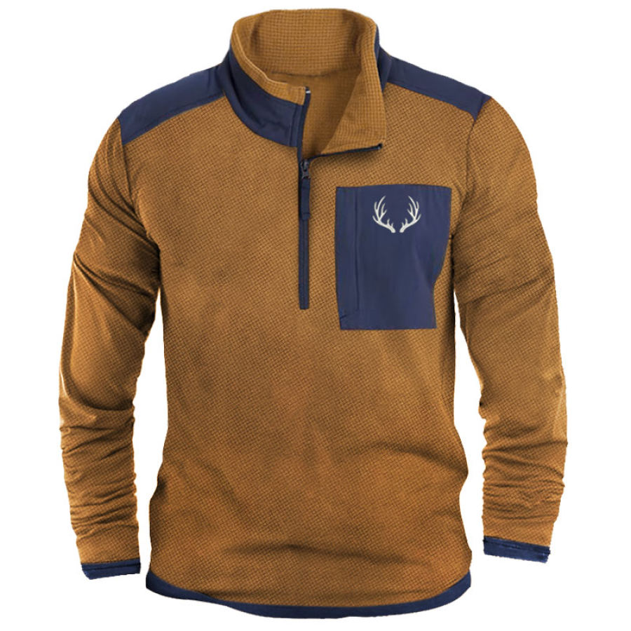 

Herren-Outdoor-Patchwork-Waffel-T-Shirt Mit Halbem Reißverschluss Lässige Tasche Langärmeliger Pullover