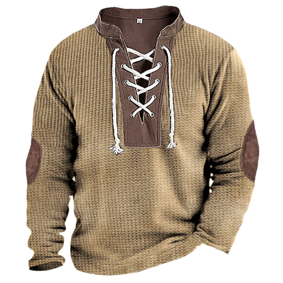 

Sweat-shirt à Lacets Pour Hommes Vintage Bloc De Couleurs Gaufré Pull Décontracté à Manches Longues Pour L'extérieur