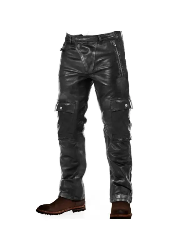Men's Retro Leather Motorcycle Pocket Outdoor Business Casual Pants - Timetomy.com 