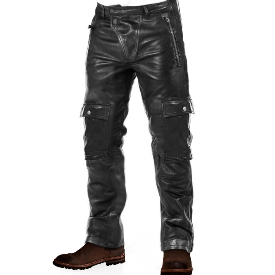 

Men's Retro Leather Motorcycle Pocket Outdoor Business Casual Pants