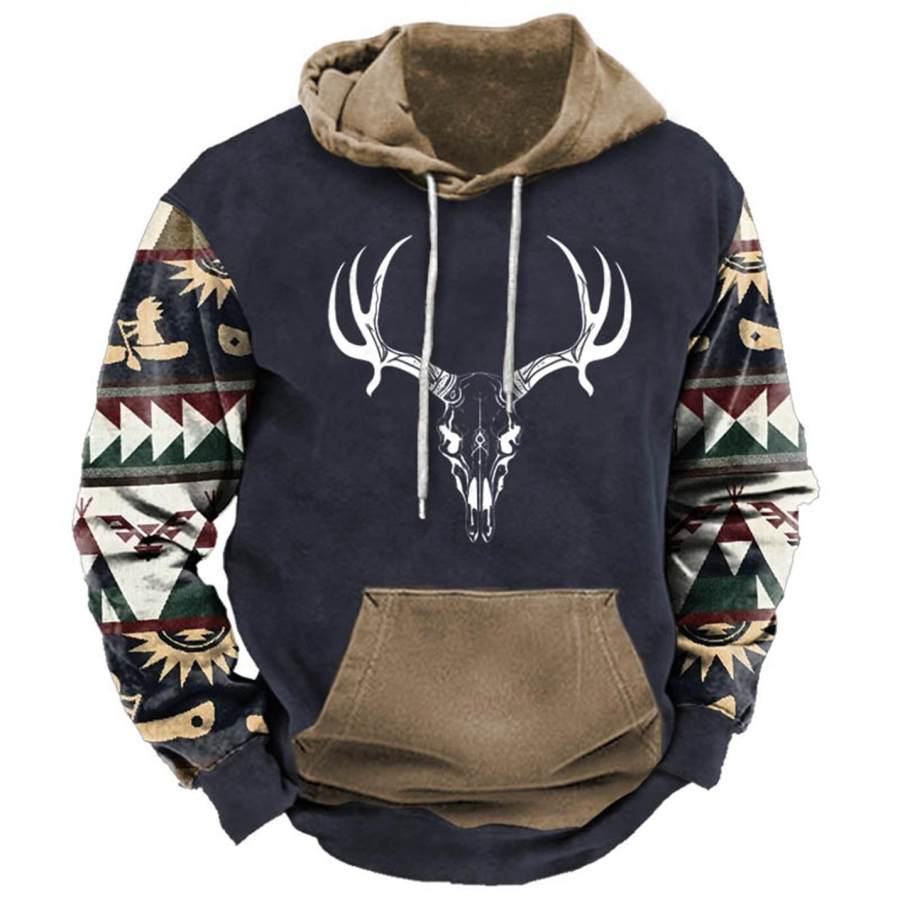 

Sweat à Capuche Pour Hommes Vintage Western Crâne De Cerf Imprimé Aztèque Poche Manches Longues Hauts Quotidiens