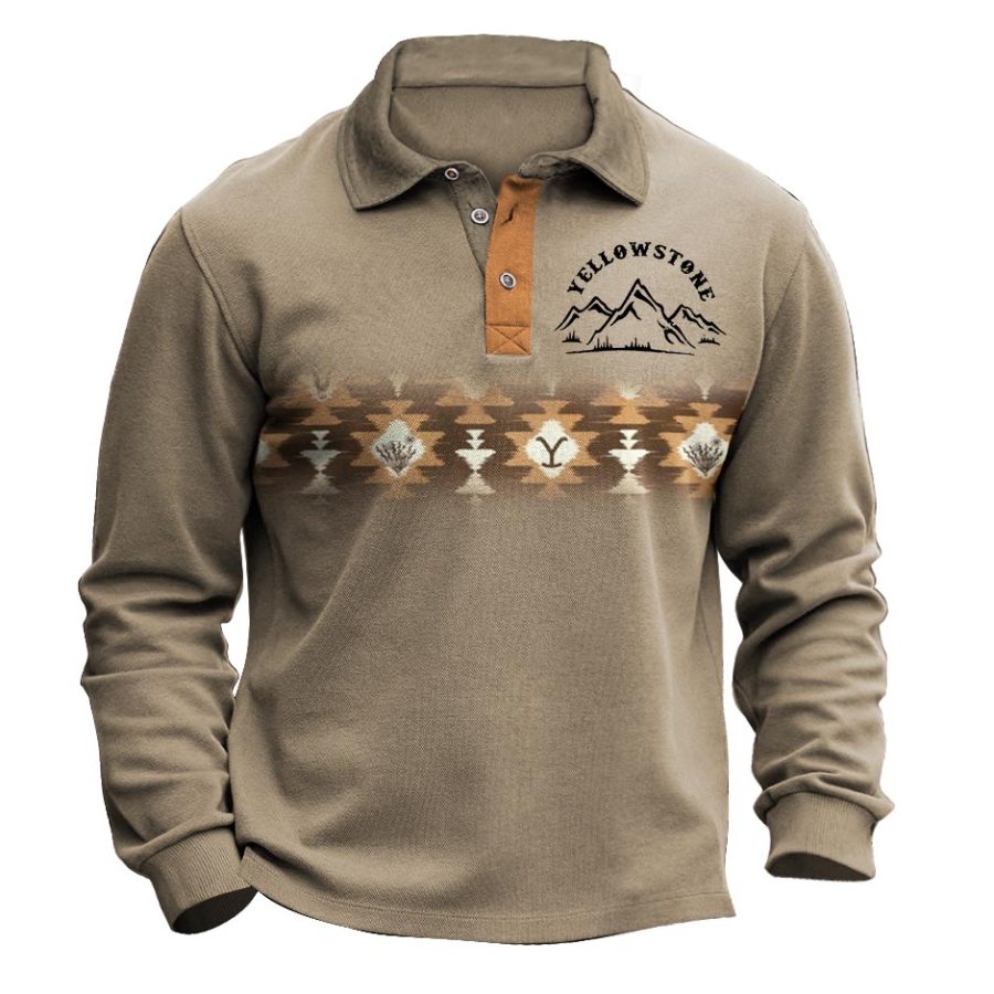 

Men's Sweatshirt Vintage Yellowstone Aztec Polo Collar Long Sleeve Daily Tops