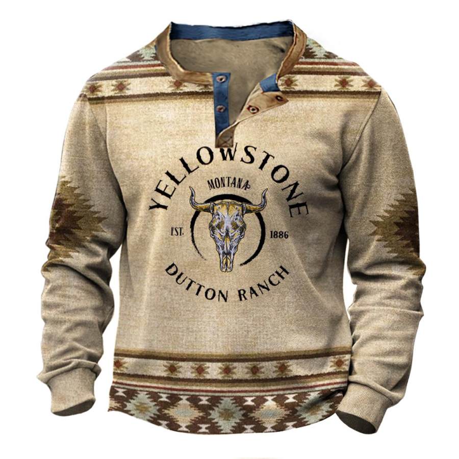 

Herren-Sweatshirt Vintage Yellowstone Dutton Ranch Montana Western Ethnic Aztec Henley Langarm-Tagesoberteile