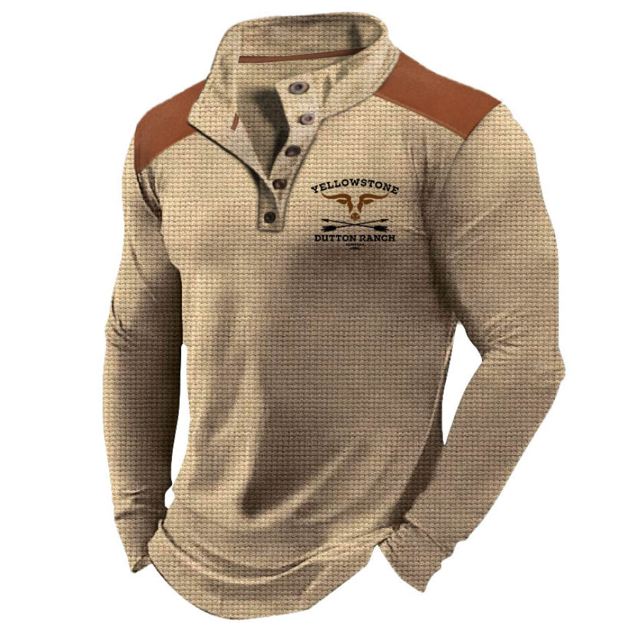 

Men's Vintage Yellowstone Waffle Spliced ​​Leather Color Block Button Stand Collar Long Sleeve T-Shirt