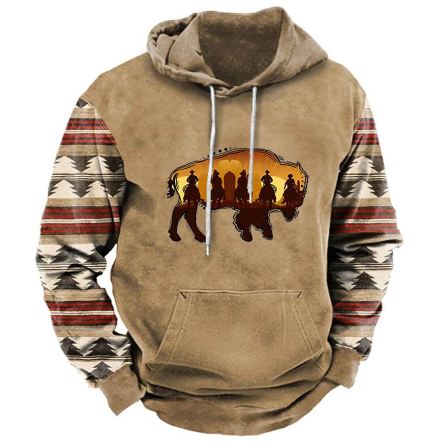 

Sweat à Capuche Pour Hommes Vintage Western Buffalo Cowboy Imprimé Aztèque Poche Manches Longues Hauts Quotidiens