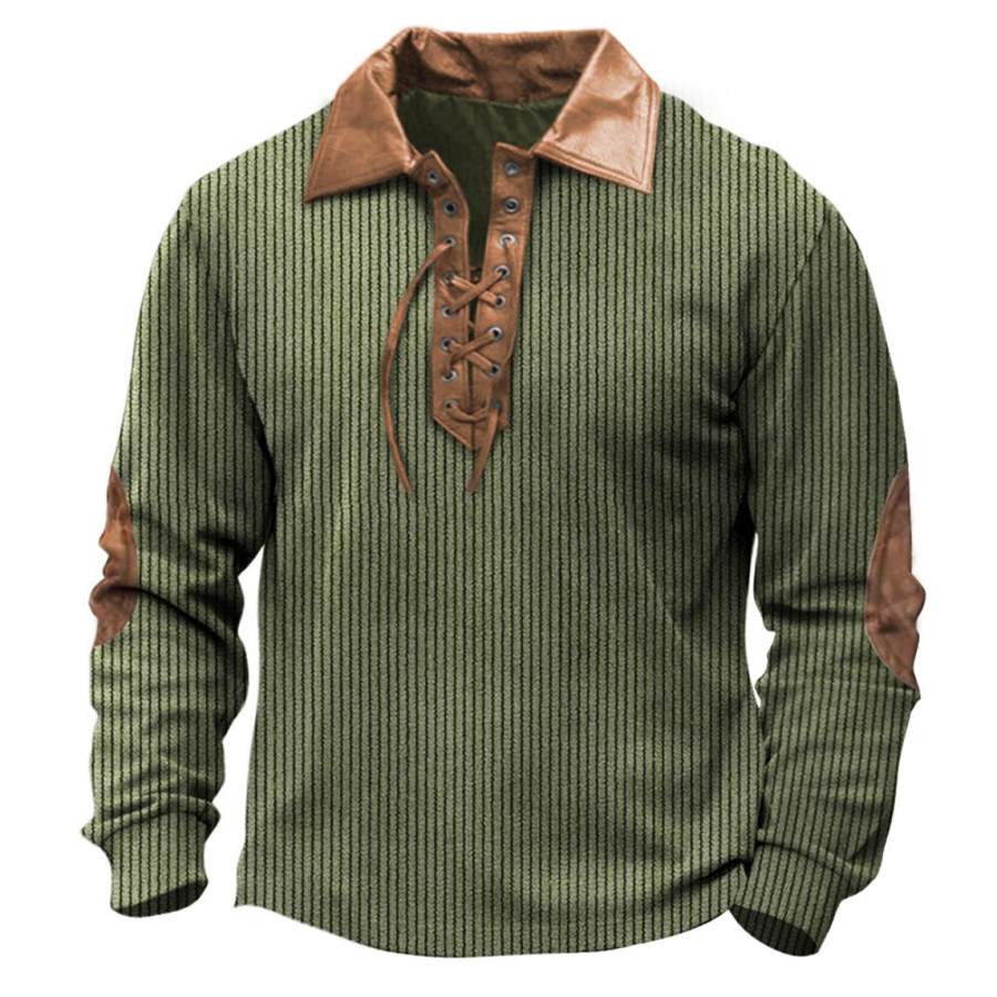 

Men's Sweatshirt Vintage Corduroy Lace Up Elbow Patch Contrast Color Long Sleeve Daily Tops