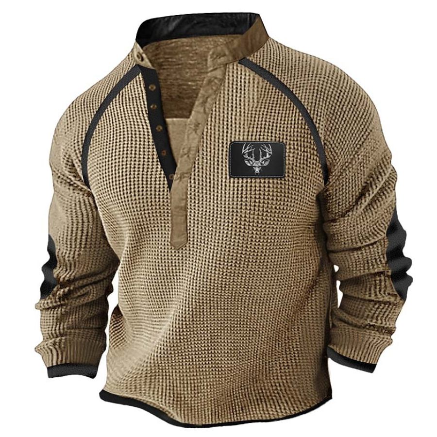 

Camiseta Para Hombre Henley Waffle Caza Ciervo Bloque De Color Codo Parche Manga Larga Tops Diarios Al Aire Libre