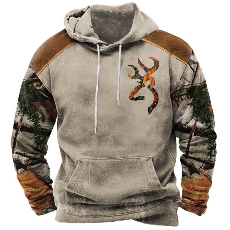 

Sweat à Capuche Pour Hommes Vintage Chasse Branche De Cerf Poche Imprimée Manches Longues Hauts Quotidiens