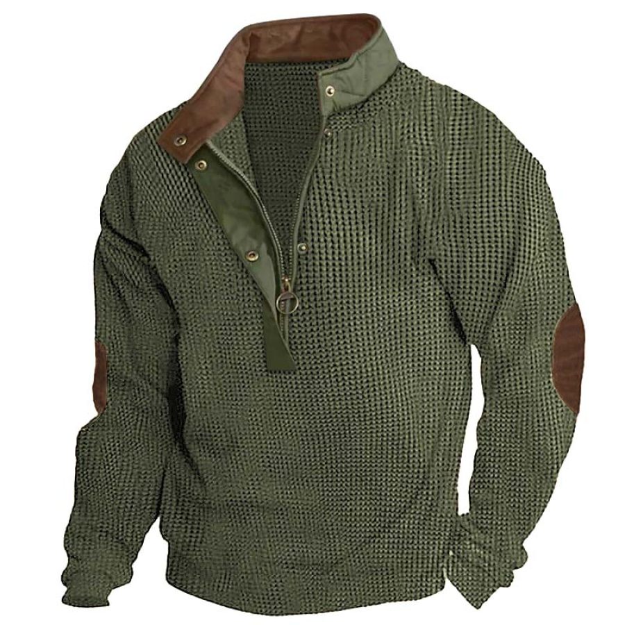 

Sweat-shirt à Manches Longues Pour Hommes Vintage Gaufré Demi-fermeture éclair Col Montant Patch Sur Les Coudes Couleur Contrastée Hauts Quotidiens