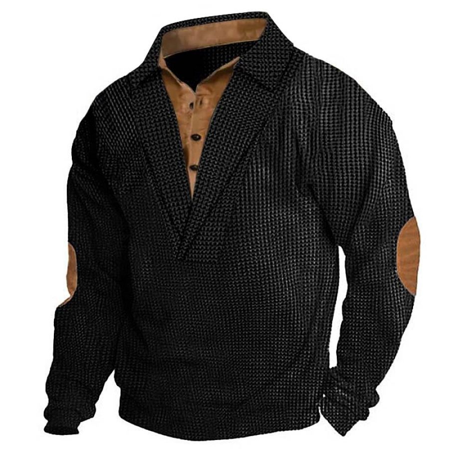 

Sweat-shirt à Manches Longues Pour Hommes Col Polo Gaufré Vintage Patch Sur Les Coudes Couleur Contrastée Hauts Quotidiens