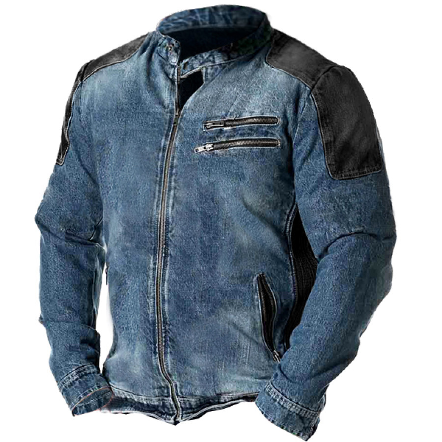 

Мужская джинсовая куртка с воротником-стойкой на весну и осень мотоциклетная куртка с несколькими молниями