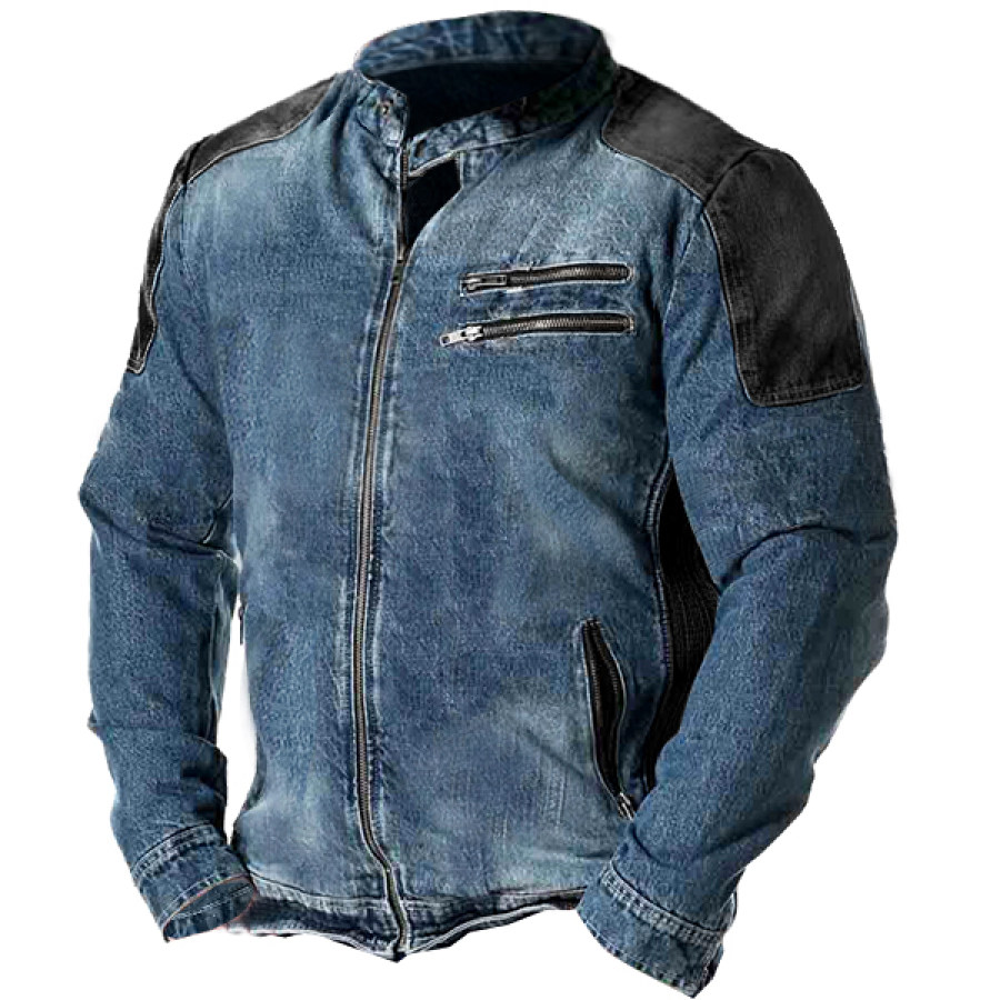 

Veste En Jean à Col Montant Pour Hommes Veste De Moto épissée à Plusieurs Fermetures éclair Printemps-automne